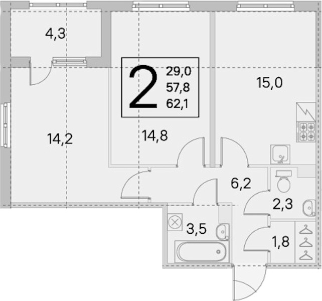2-комнатная квартира 57.8 м², 1/5 эт., ЖК «ЮгТаун. Олимпийские кварталы»